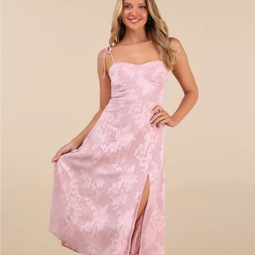 Lulus Blush Pink Floral Jacquard Tie-Strap Midi Dress